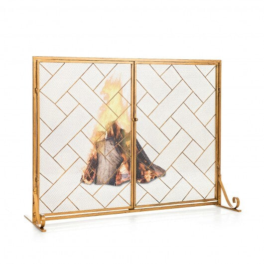 3-Panel Folding Wrought Iron Fireplace Screen with Doors and 4 Pieces Tools Set-Golden - Color: Golden