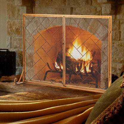 3-Panel Folding Wrought Iron Fireplace Screen with Doors and 4 Pieces Tools Set-Golden - Color: Golden