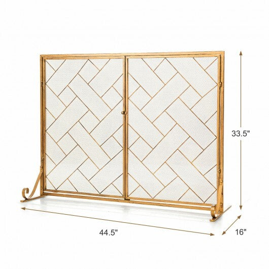 3-Panel Folding Wrought Iron Fireplace Screen with Doors and 4 Pieces Tools Set-Golden - Color: Golden