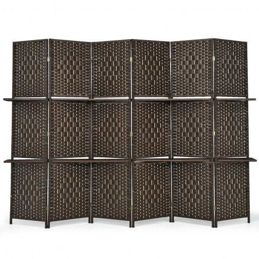 6 Panel Folding Weave Fiber Room Divider with 2 Display Shelves -Brown - Color: Brown