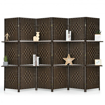 6 Panel Folding Weave Fiber Room Divider with 2 Display Shelves -Brown - Color: Brown