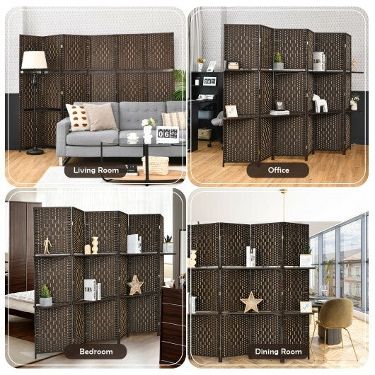 6 Panel Folding Weave Fiber Room Divider with 2 Display Shelves -Brown - Color: Brown