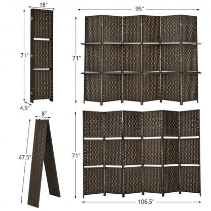 6 Panel Folding Weave Fiber Room Divider with 2 Display Shelves -Brown - Color: Brown