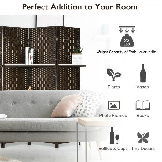 6 Panel Folding Weave Fiber Room Divider with 2 Display Shelves -Brown - Color: Brown