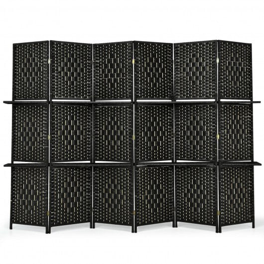 6 Panel Folding Weave Fiber Room Divider with 2 Display Shelves -Black - Color: Black