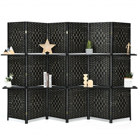 6 Panel Folding Weave Fiber Room Divider with 2 Display Shelves -Black - Color: Black