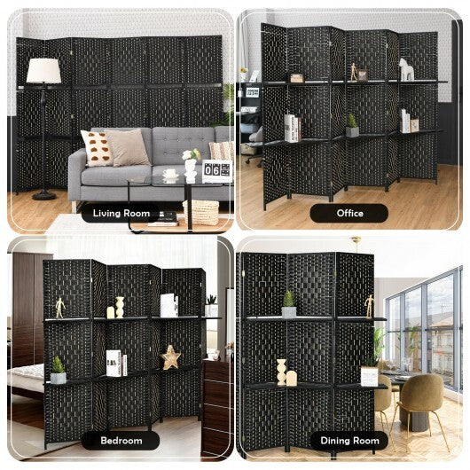 6 Panel Folding Weave Fiber Room Divider with 2 Display Shelves -Black - Color: Black