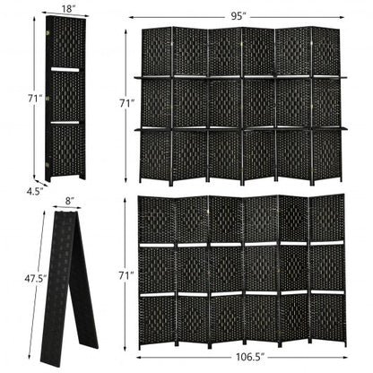 6 Panel Folding Weave Fiber Room Divider with 2 Display Shelves -Black - Color: Black