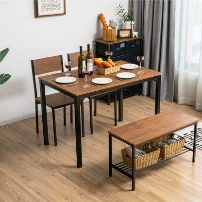 4 Pieces Rustic Dining Table Set with 2 Chairs and Bench-Brown - Color: Brown