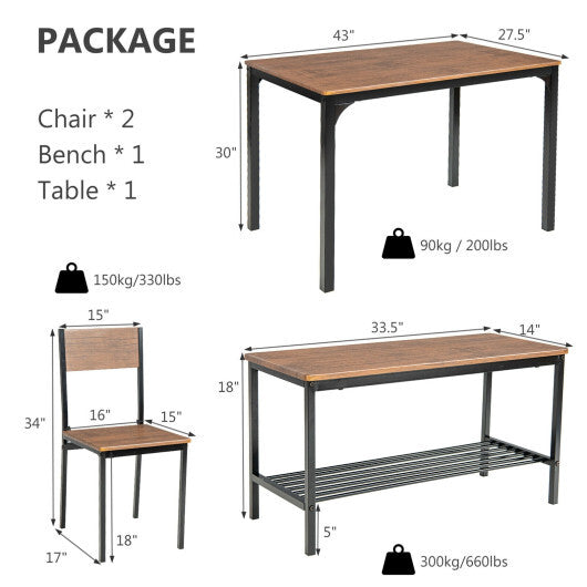 4 Pieces Rustic Dining Table Set with 2 Chairs and Bench-Brown - Color: Brown