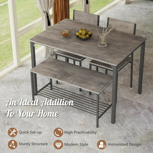 4 Pieces Rustic Dining Table Set with 2 Chairs and Bench-Gray - Color: Gray