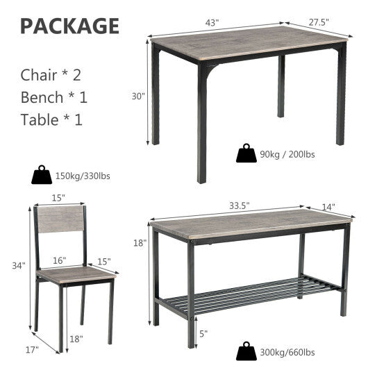 4 Pieces Rustic Dining Table Set with 2 Chairs and Bench-Gray - Color: Gray