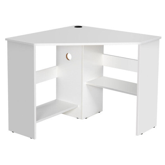 Corner Computer Desk Triangle Writing Workstation with Storage Shelf-White - Color: White