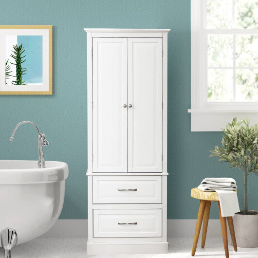 62 Inch Freestanding Bathroom Cabinet with Adjustable Shelves and 2 Drawers-White - Color: White