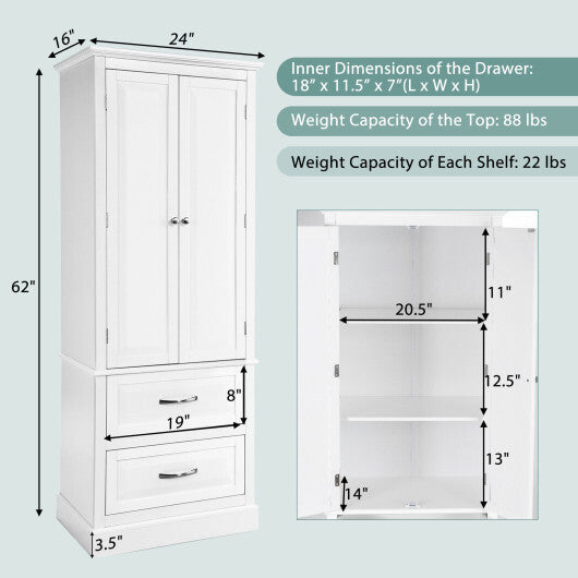 62 Inch Freestanding Bathroom Cabinet with Adjustable Shelves and 2 Drawers-White - Color: White