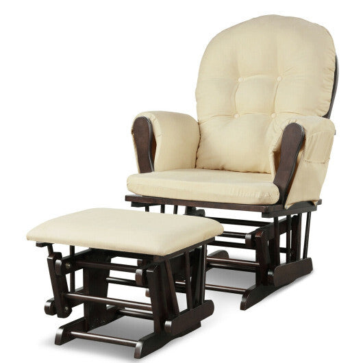 Wood Glider and Ottoman Set with Padded Armrests and Detachable Cushion-Beige - Color: Beige