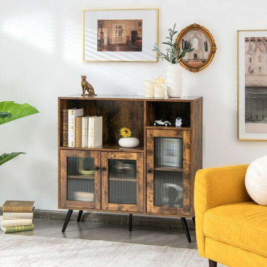 Buffet Kitchen Storage Cupboard with Glass Door and Adjustable Shelves-Rustic Brown - Color: Rustic Brown