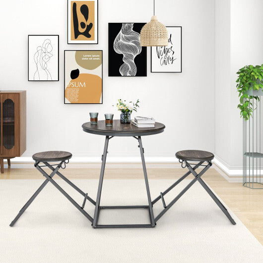 3 Pieces Dining Table Set with 2 Foldable Stools for Small Space-Gray - Color: Gray