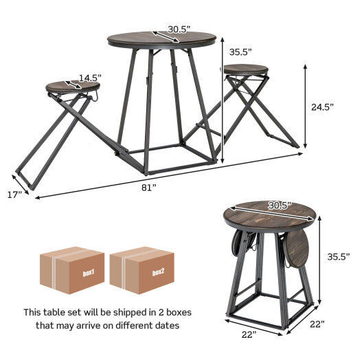 3 Pieces Dining Table Set with 2 Foldable Stools for Small Space-Gray - Color: Gray