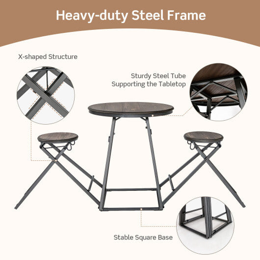 3 Pieces Dining Table Set with 2 Foldable Stools for Small Space-Gray - Color: Gray