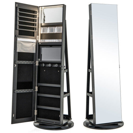 360? Rotating Mirrored Jewelry Cabinet Armoire 3 Color LED Modes Lockable-Black - Color: Black