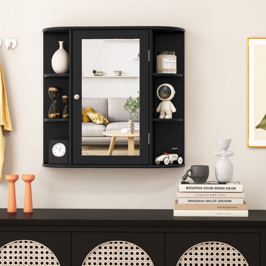 Wall-Mounted Bathroom Mirror Cabinet with Storage Shelves-Black - Color: Black