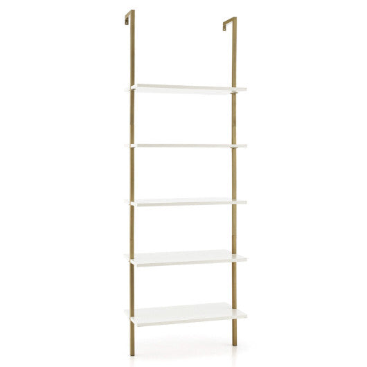 5 Tier Ladder Shelf Wall-Mounted Bookcase with Steel Frame-Golden - Color: Golden