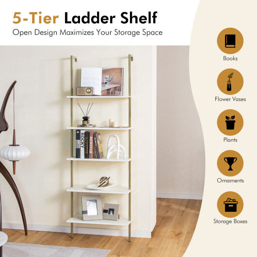 5 Tier Ladder Shelf Wall-Mounted Bookcase with Steel Frame-Golden - Color: Golden