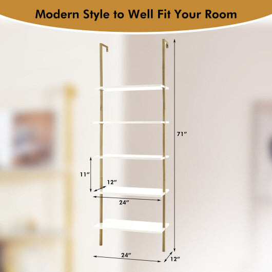 5 Tier Ladder Shelf Wall-Mounted Bookcase with Steel Frame-Golden - Color: Golden