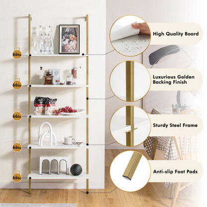 5 Tier Ladder Shelf Wall-Mounted Bookcase with Steel Frame-Golden - Color: Golden