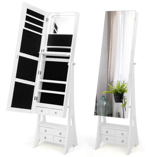 Freestanding Full Length LED Mirrored Jewelry Armoire with 6 Drawers-White - Color: White