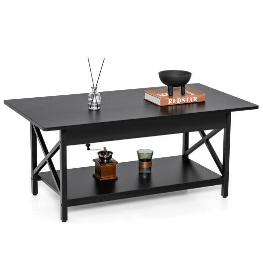 2-Tier Industrial Rectangular Coffee Table with Storage Shelf-Black - Color: Black - Size: 2-Tier