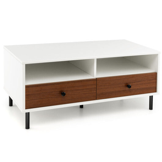 2 Tier 40 Inch Length Modern Rectangle Coffee Table with Storage Shelf and Drawers-White - Color: White