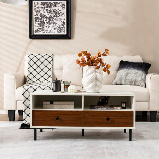 2 Tier 40 Inch Length Modern Rectangle Coffee Table with Storage Shelf and Drawers-White - Color: White