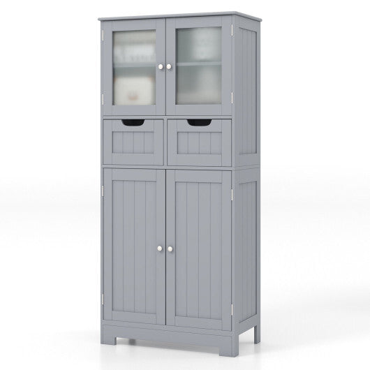 4 Door Freee-Standing Bathroom Cabinet with 2 Drawers and Glass Doors-Gray - Color: Gray