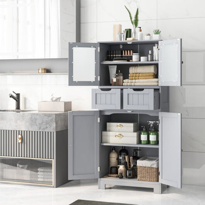 4 Door Freee-Standing Bathroom Cabinet with 2 Drawers and Glass Doors-Gray - Color: Gray