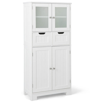 3 Tier Freee-Standing Bathroom Cabinet with 2 Drawers and Glass Doors-White - Color: White