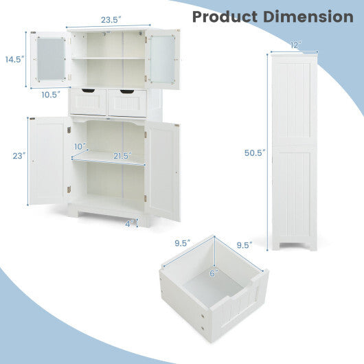 3 Tier Freee-Standing Bathroom Cabinet with 2 Drawers and Glass Doors-White - Color: White