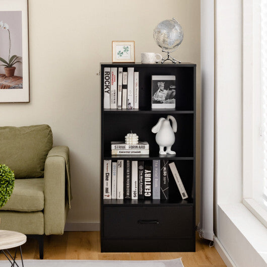 48 Inch Tall 4 Tiers Wood Bookcase with Drawer-Black - Color: Black - Size: 48 inches