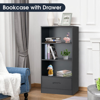 48 Inch Tall 4 Tiers Wood Bookcase with Drawer-Black - Color: Black - Size: 48 inches