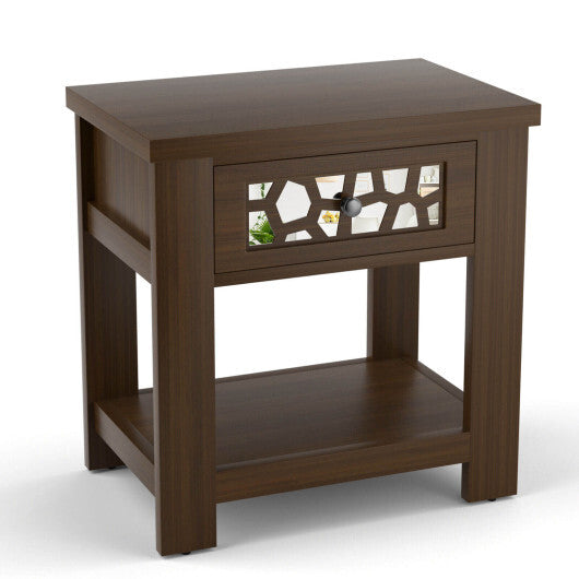 Wood Retro End Table with Mirrored Glass Drawer and Open Storage Shelf-Brown - Color: Brown