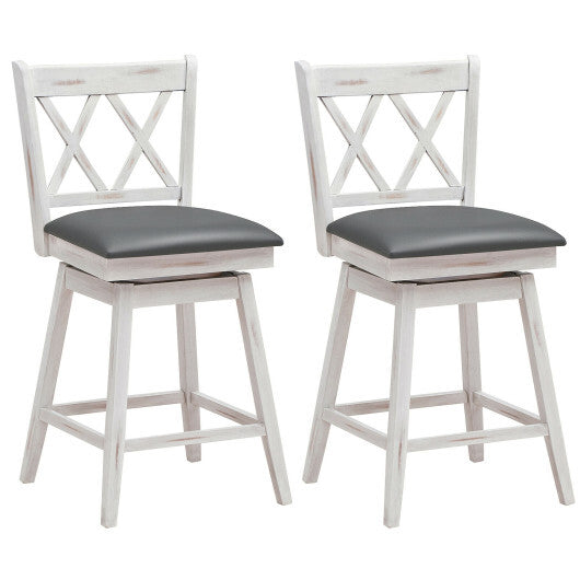 2 Pieces 24 Inch Swivel Counter Height Barstool Set with Rubber Wood Legs-White - Color: White - Size: 24 inches