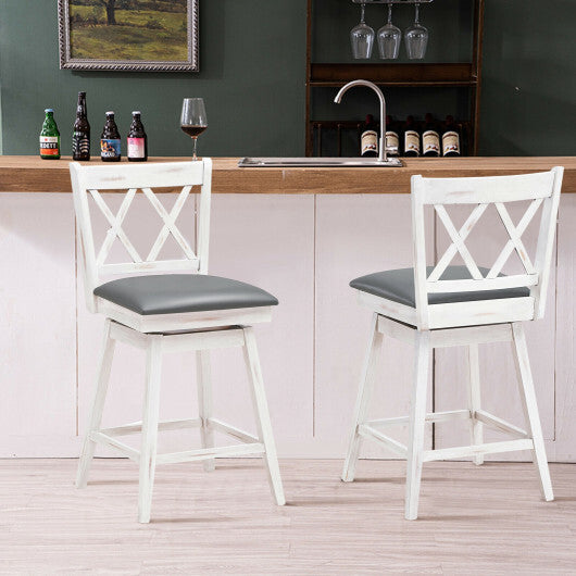 2 Pieces 24 Inch Swivel Counter Height Barstool Set with Rubber Wood Legs-White - Color: White - Size: 24 inches