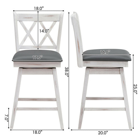 2 Pieces 24 Inch Swivel Counter Height Barstool Set with Rubber Wood Legs-White - Color: White - Size: 24 inches