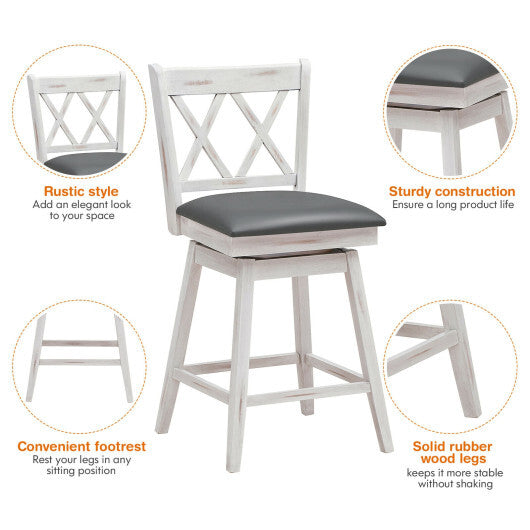 2 Pieces 24 Inch Swivel Counter Height Barstool Set with Rubber Wood Legs-White - Color: White - Size: 24 inches