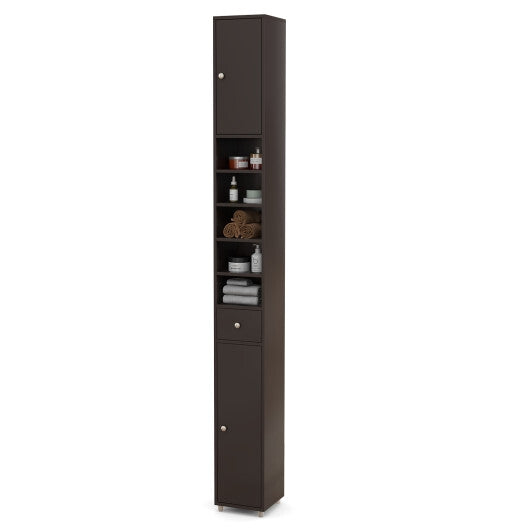 Freestanding Slim Bathroom Cabinet with Drawer and Adjustable Shelves-Brown - Color: Brown