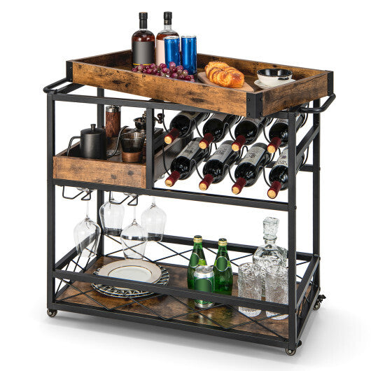 3-Tier Rolling Bar Cart with Removable Tray and Wine Rack-Rustic Brown - Color: Rustic Brown