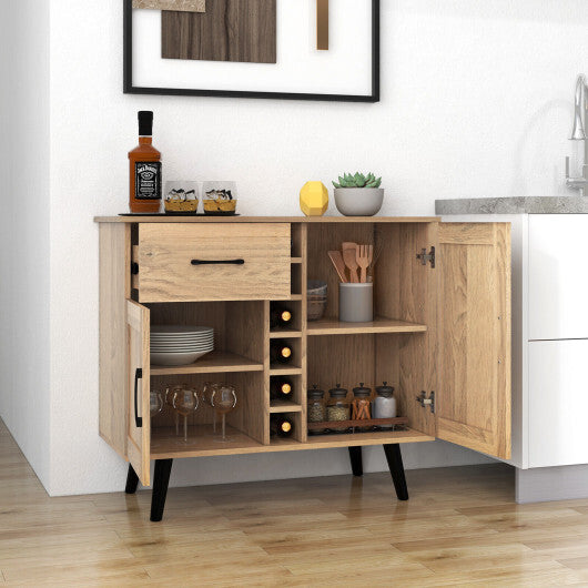 2-Door Buffet Sideboard with 6-Bottle Wine Rack Drawer - Color: Natural