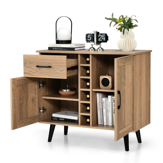 2-Door Buffet Sideboard with 6-Bottle Wine Rack Drawer - Color: Natural