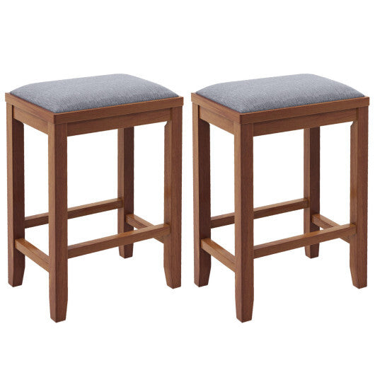 2 Pieces 25 Inch Upholstered Bar Stool Set with Solid Rubber Wood Frame and Footrest-Brown - Color: Brown